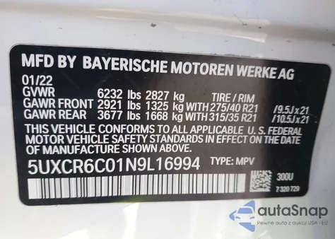 2022 BMW X5 xDrive40I from USA, damaged, VIN 5UXCR6C01N9L16994